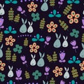 Natural vector pattern. Seamless. with rabbits and flowers Royalty Free Stock Photo